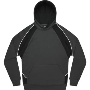A grey and black hoodie featuring a pocket and contrasting panels, with a hood and a small logo.