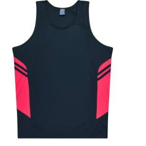 A dark navy singlet with bright pink side panels and a branding logo on the label.