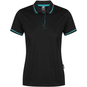 A black polo shirt with turquoise accents and a collar, featuring a logo.