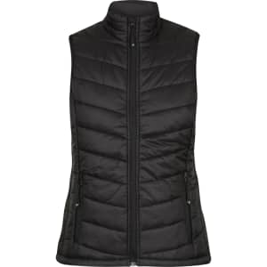 A black puffy vest with a high collar and zippered front, featuring side pockets and a fitted design.