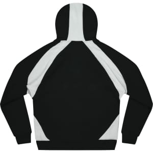 A black and white hoodie with a contrasting panel design, featuring a hood and long sleeves.