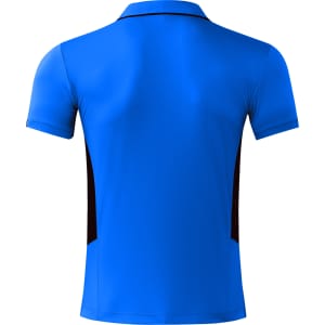 A men's polo shirt in bright blue with black side panels, featuring a logo on the back.