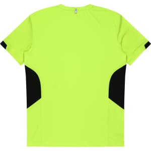 A vibrant yellow T-shirt featuring black panel accents on the sides and a logo on the back.