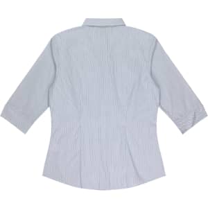 A button-up shirt in light blue with vertical stripes and 3/4 sleeves. Features a collar and has a logo.