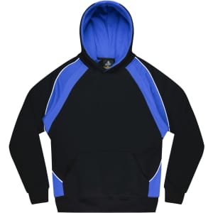 A black hoodie with blue accents, featuring a front pocket and a drawstring hood. It has a logo on the chest area.