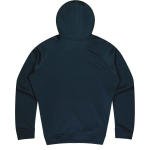 A navy blue hoodie featuring a hood and a minimalist design, with a visible logo on the back.