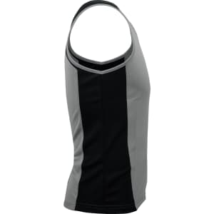 A grey and black singlet featuring a racerback design and a logo. The fabric appears lightweight and fitted.