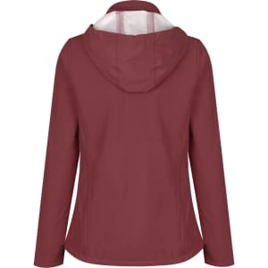 A soft shell jacket in a deep burgundy colour with a hood and a white lining. It features a logo on the back.