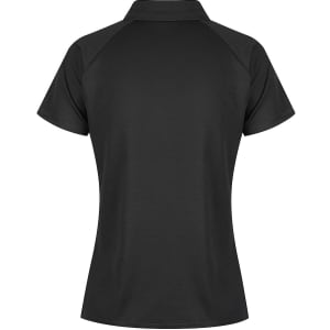 A black polo shirt with a classic collar and short sleeves, featuring a branded logo.