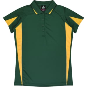 A green polo shirt with yellow accents, featuring a collar and buttons, and a logo on the label.