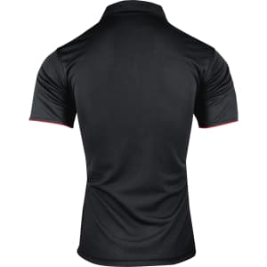 A black polo shirt with short sleeves, featuring red detailing. The shirt has a logo on it.