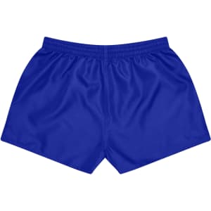 Blue rugby shorts featuring an elastic waistband and a smooth finish, suitable for sports uniforms.