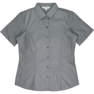 A short-sleeve button-up shirt in a grey shade, featuring a fitted design and a classic collar. It has a logo.