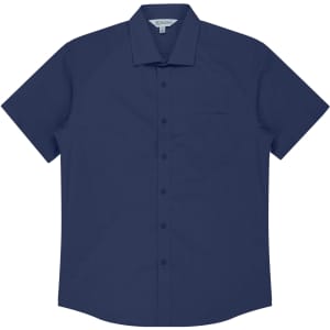 A short sleeve button-up shirt in navy blue with a chest pocket and a collar. Features a logo on the tag.