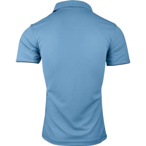 A light blue polo shirt with a collar and short sleeves, featuring a logo on the front.