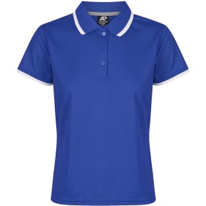 A blue polo shirt with a white collar and sleeve details, featuring a logo on the upper part.