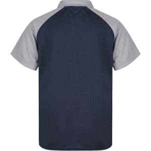 A navy and grey polo shirt, featuring a sporty design and a logo on the front.