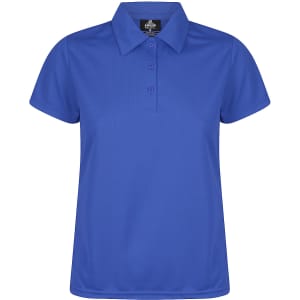 A blue polo shirt with a collar and three buttons, featuring a logo on the tag inside.