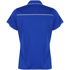A blue polo shirt featuring a white trim and a branded logo on the back.