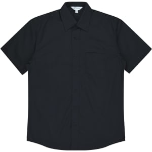A short sleeve button-up shirt in black, featuring a front pocket and a classic collar. The shirt has a logo.