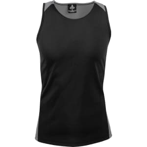 A black singlet featuring grey accents, designed for men, with a logo on the label.