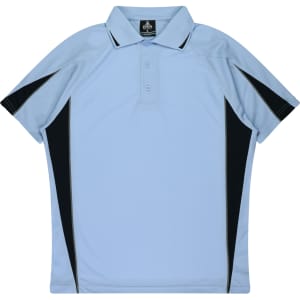 A light blue polo shirt featuring black accents and a collar. It has a branded logo.