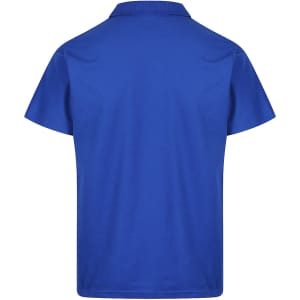 A blue polo shirt featuring a classic collar and short sleeves. The back is plain with a logo at the neck.
