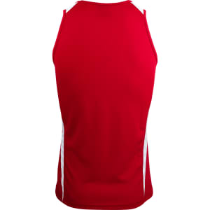Red singlet featuring white side panels and a branded logo at the back.
