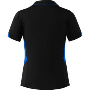 A black polo shirt featuring blue accents and a logo, designed for women.