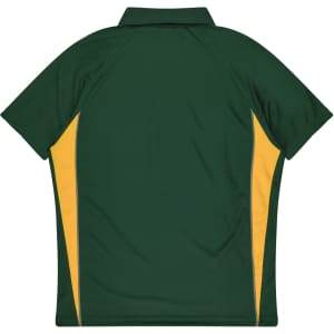 A green polo shirt with yellow side panels and a collar. The back view features a logo on the upper section.