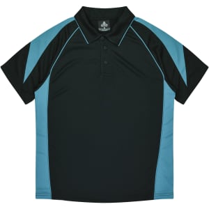 A black and teal polo shirt featuring a collared neckline and short sleeves, with a logo on the label.