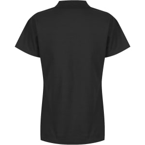 A black polo shirt with a classic collar and short sleeves, featuring a logo on the front.