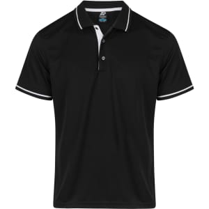 A black polo shirt with white accents, featuring a logo on the collar and a three-button placket.