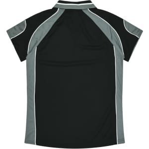 A black and grey polo shirt featuring a sporty design and short sleeves, with a logo on the collar.