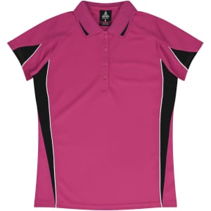 A pink polo shirt featuring black accents and a logo. Designed for casual or sporty wear.