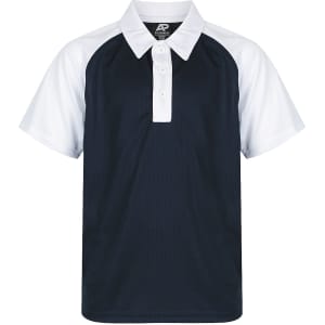 A navy and white polo shirt with a buttoned collar and a logo. Short sleeves and a sporty design.