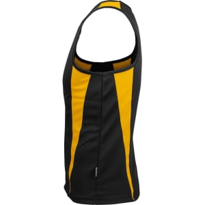 A black and yellow men's singlet with a sleek design and a logo on the side.