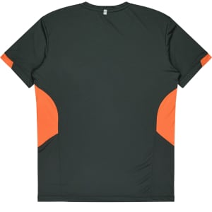 A dark green T-shirt with orange accents on the sides and back. The shirt features a logo.