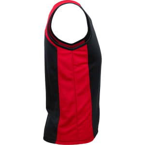 A black and red singlet featuring a side panel design and a logo on the front.