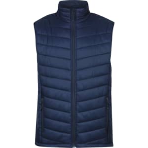 A navy blue padded vest with a high collar and zippered pockets, featuring a logo on the front.