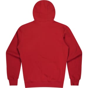 A red hoodie featuring a back view with a hood and long sleeves. It has a logo on the back.