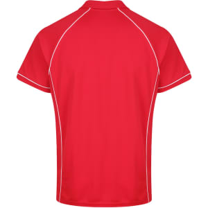 A red polo shirt featuring contrasting white stitching and a prominent collar, designed for men.