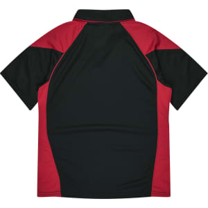 A red and black polo shirt with a collar, featuring a logo on the back.
