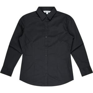 A long sleeve black button-up shirt, featuring a classic collar and a fitted design. The shirt also has a logo.