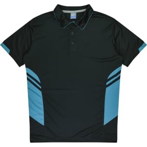 A dark green polo shirt with turquoise accents and stripes, featuring a collar and three buttons. It has a logo.
