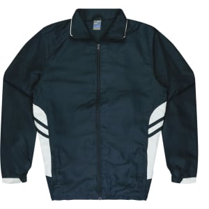 A navy blue tracktop with white side stripes, featuring a front zip and collar. The top also has a logo.