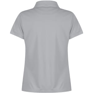 A grey polo shirt with a classic collar and short sleeves, featuring a branding logo.