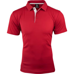 A red polo shirt with a collar, featuring white accent details and a logo on the label.