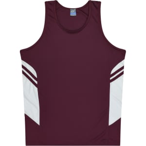 A maroon singlet featuring white side panels and a logo, suitable for kids.