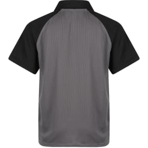 A grey and black polo shirt with a mesh design and brand logo on the collar.